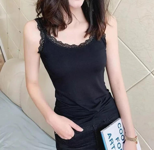 Black Cotton Camisole – Modal Blend with Lace Trim (S, M)