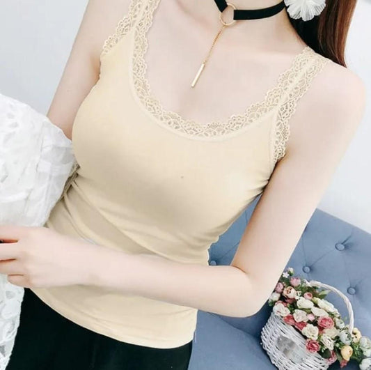 Beige Cotton Camisole – Soft Modal Fabric with Lace Trim (S, M)