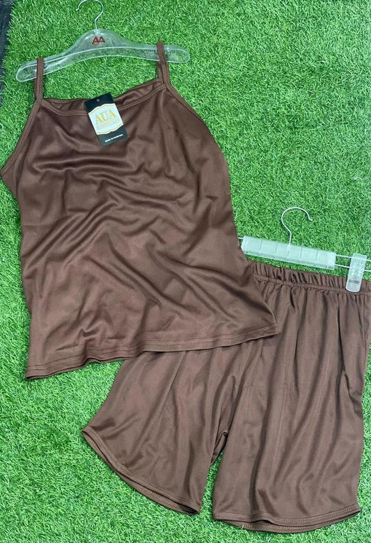 Silk Camisole Set – Lightweight, Soft & Stylish Nightwear (Brown)